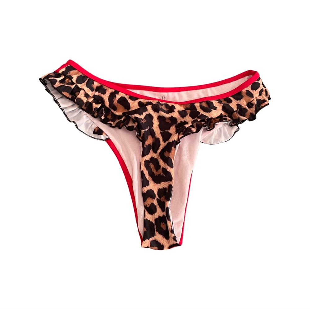Leopard/red print ruffled bathing suit bottoms